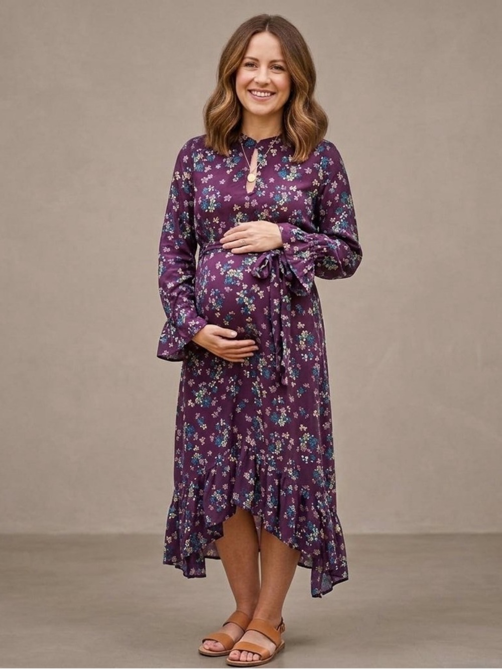 Mama Licious New Maternity Small Plum Floral Dress Knee Length Long Sleeves